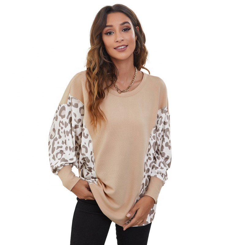 2022 New Fashion Leopard Print Women O Neck T Shirts Elastain Batwing Sleeve Long Sleeve Loose Fit T Shirt For Women