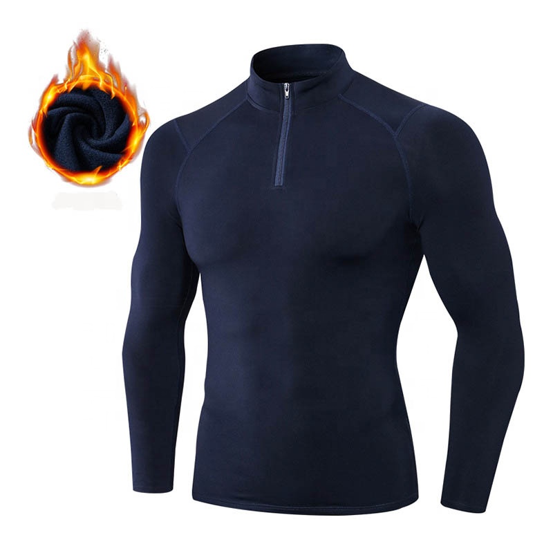 Winter Men&#39;s Brushed Sport Tops Quick Dry Stand Collar Fitness Base Shirts Exercise Polyester Spandex High Flexibility Sweater