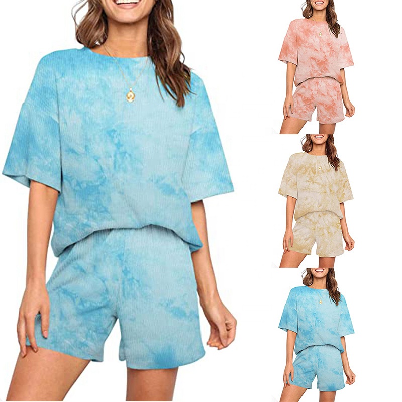 New Trend Ribbed T-shirt &amp; Shorts Set Cool Tie Dyed Printing Women&#39;s Sport Suits Summer Casual Home Wear Pajama Sets