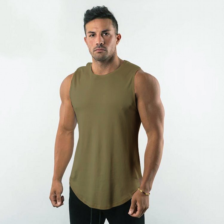Custom men&#39;s gym sleeveless workout stringer cotton curved hem fitness tank top vest