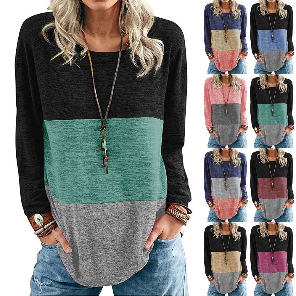 Fashion Splicing Color T-shirt Long Sleeve Heather Woman&#39;s Lady Loose Plus Size Tshirts Polyester Cotton Promotion Ladies Tops