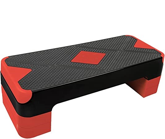 BLACK-RED Adjustable Workout Aerobic Stepper, Aerobic Exercise Step Platform with 4 Risers, Exercise Step Deck for Fitness, 3 Levels Adjust 4" - 6" - 8" Height, 26.77" Trainer Stepper with Non-Slip Surface Home Gym & Extra Risers Options