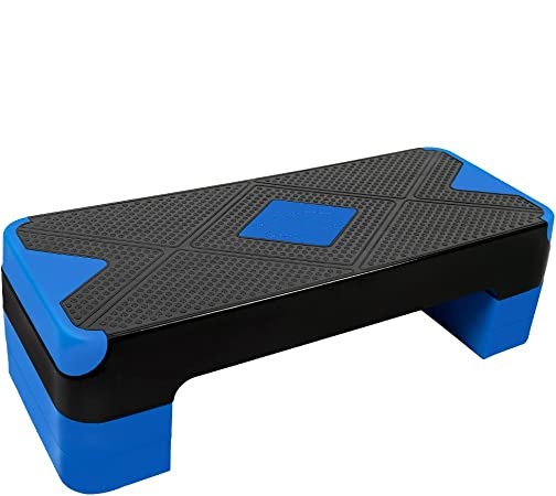 BLACK-BLUE Adjustable Workout Aerobic Stepper, Aerobic Exercise Step Platform with 4 Risers, Exercise Step Deck for Fitness, 3 Levels Adjust 4" - 6" - 8" Height, 26.77" Trainer Stepper with Non-Slip Surface Home Gym & Extra Risers Options