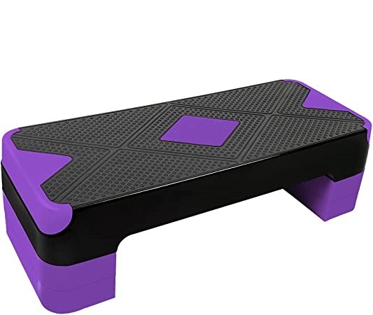 BLACK-PURPLE Adjustable Workout Aerobic Stepper, Aerobic Exercise Step Platform with 4 Risers, Exercise Step Deck for Fitness, 3 Levels Adjust 4" - 6" - 8" Height, 26.77" Trainer Stepper with Non-Slip Surface Home Gym & Extra Risers Options