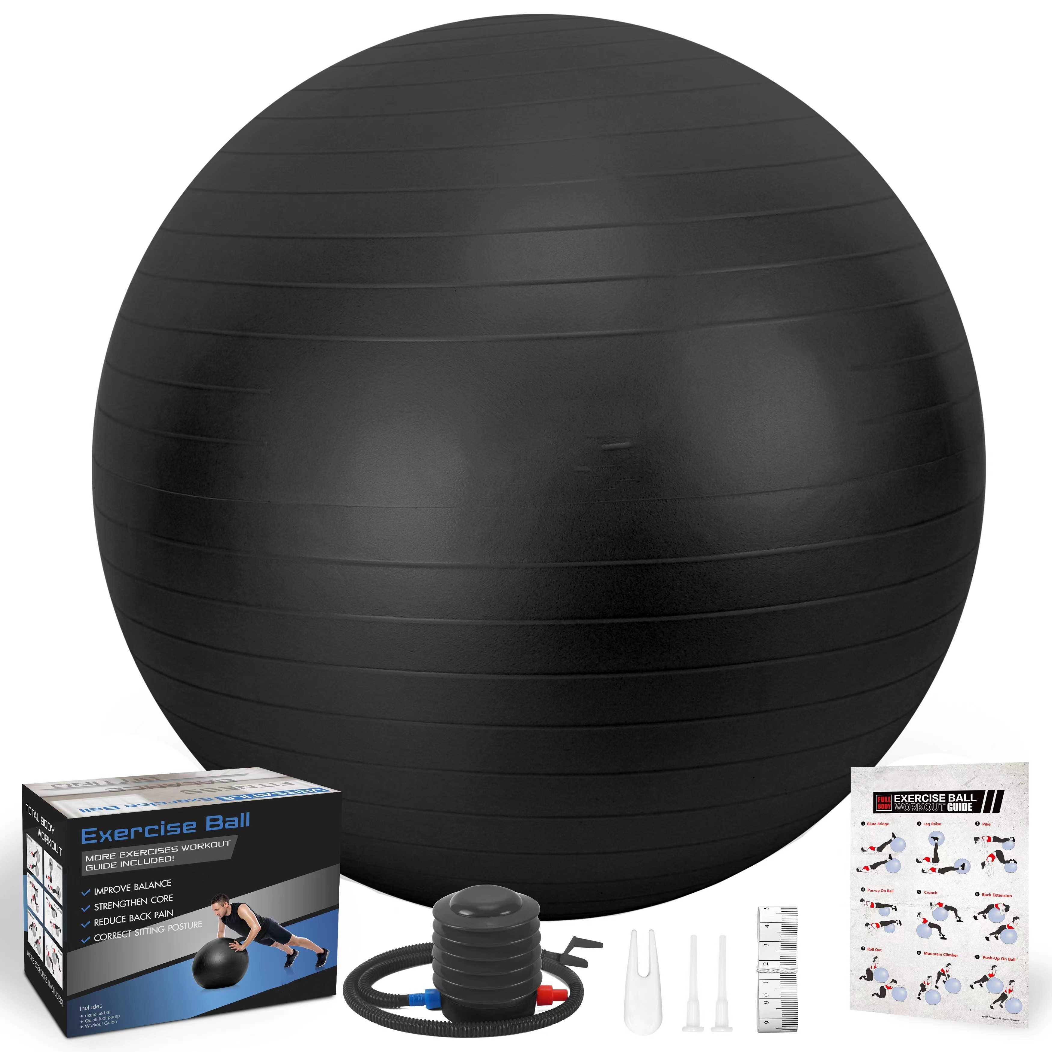 Black Exercise and Workout Ball, Yoga Ball Chair, Great for Fitness, Balance and Stability Extra-Thick with Quick Pump 