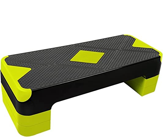 BLACK-FLUORESCENT GREEN Adjustable Workout Aerobic Stepper, Aerobic Exercise Step Platform with 4 Risers, Exercise Step Deck for Fitness, 3 Levels Adjust 4" - 6" - 8" Height, 26.77" Trainer Stepper with Non-Slip Surface Home Gym & Extra Risers Options