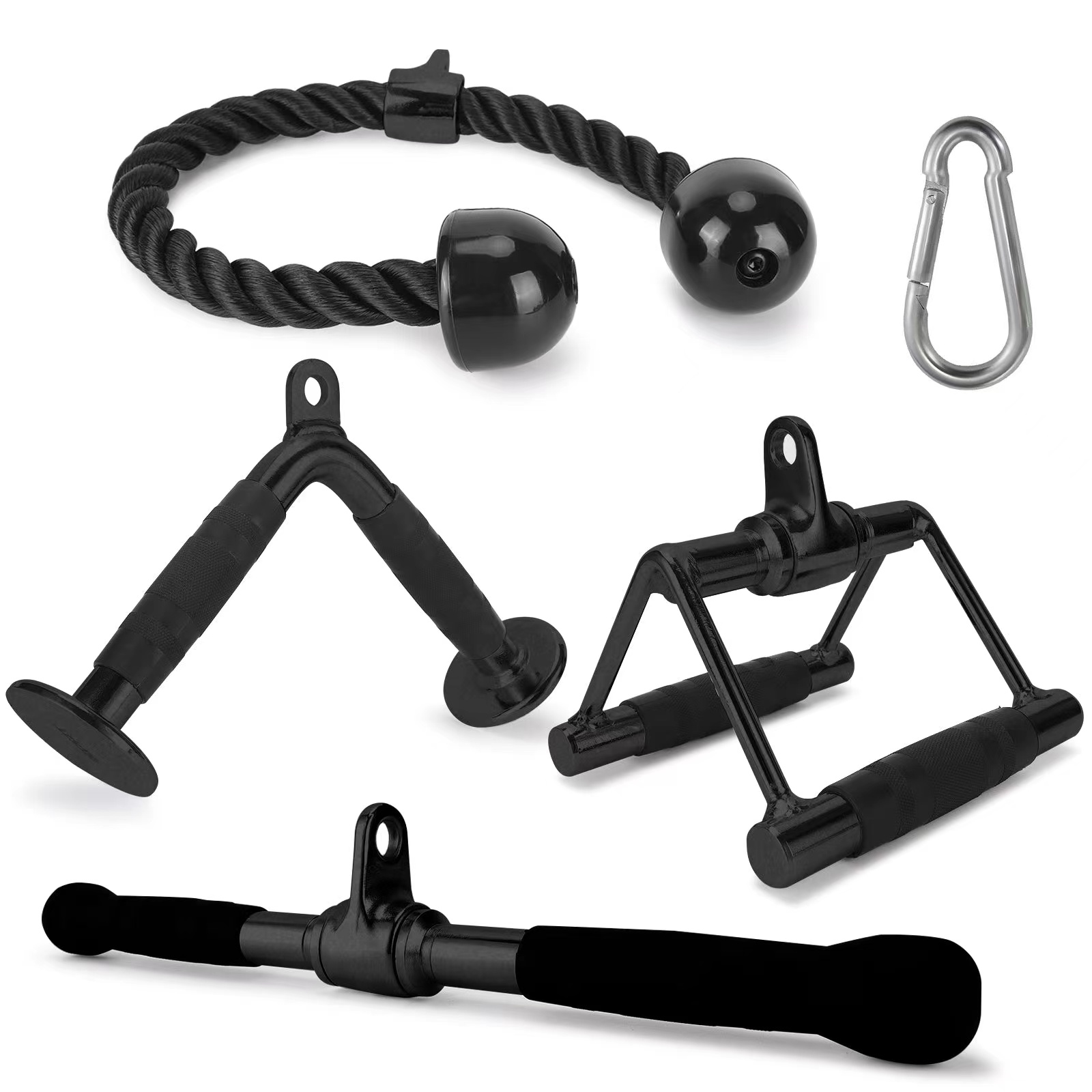 CABLE ATTACHMENT SET OF 4 D HANDLE, V HANDLE WITH ROTATION, ROTATING BAR, TRICEP ROPE, V-SHAPED BAR - BLACK