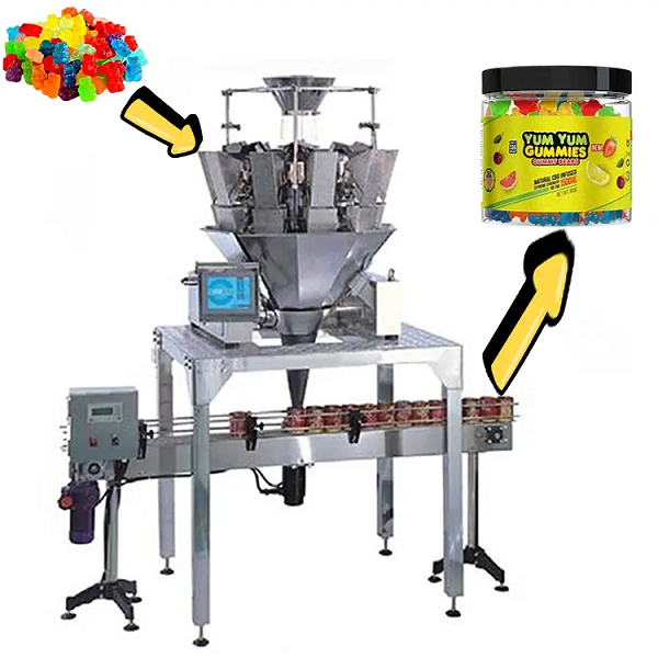 Fully Automatic Cereal Gummy Bear Candy Snack Nut Weighing Filling Machine Jar Bottle Capping Packing Machine 