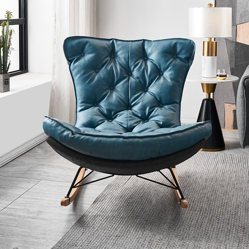 Blue Tufted Single Leather Rocking Chair