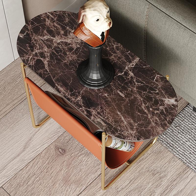 Italian minimalist saddle leather marble side table